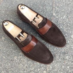Men's Handmade Two Trone Brown Leather & Suede Classice Moccasins