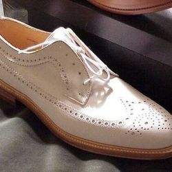 Men's Handmade White Leather Oxford Brogue Wingtip Lace Up Derby Dress Shoes