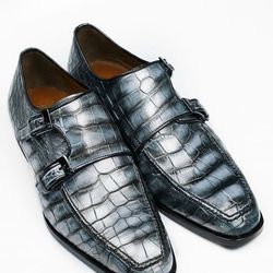 Men's Handmade White Patina Crocodile Print Leather Double Buckles Monk Straps Dress Shoes