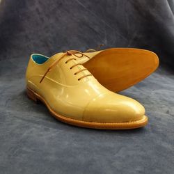Men's Handmade Yellow Patent Leather Oxford Toe Cap Lace Up Shoes