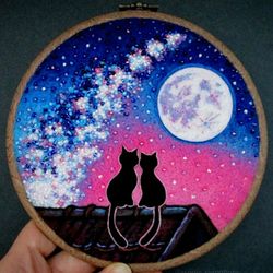 Cats in love on the roof, Night galaxy hoop art, Felted and embroidered landscape.