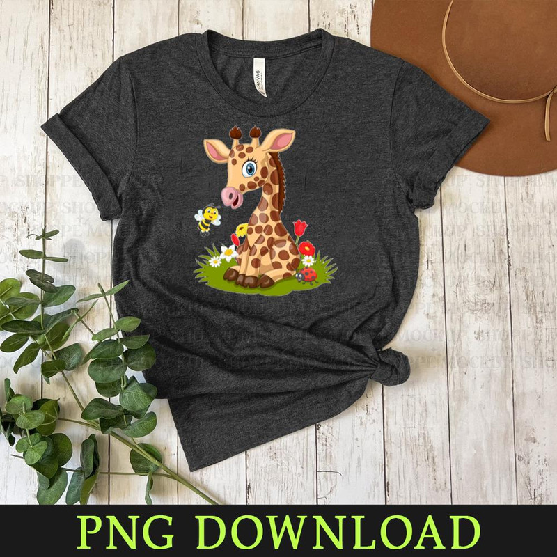 KL15032473-Cartoon little giraffe with bee in the grass Cartoon Animals, PNG design.jpg