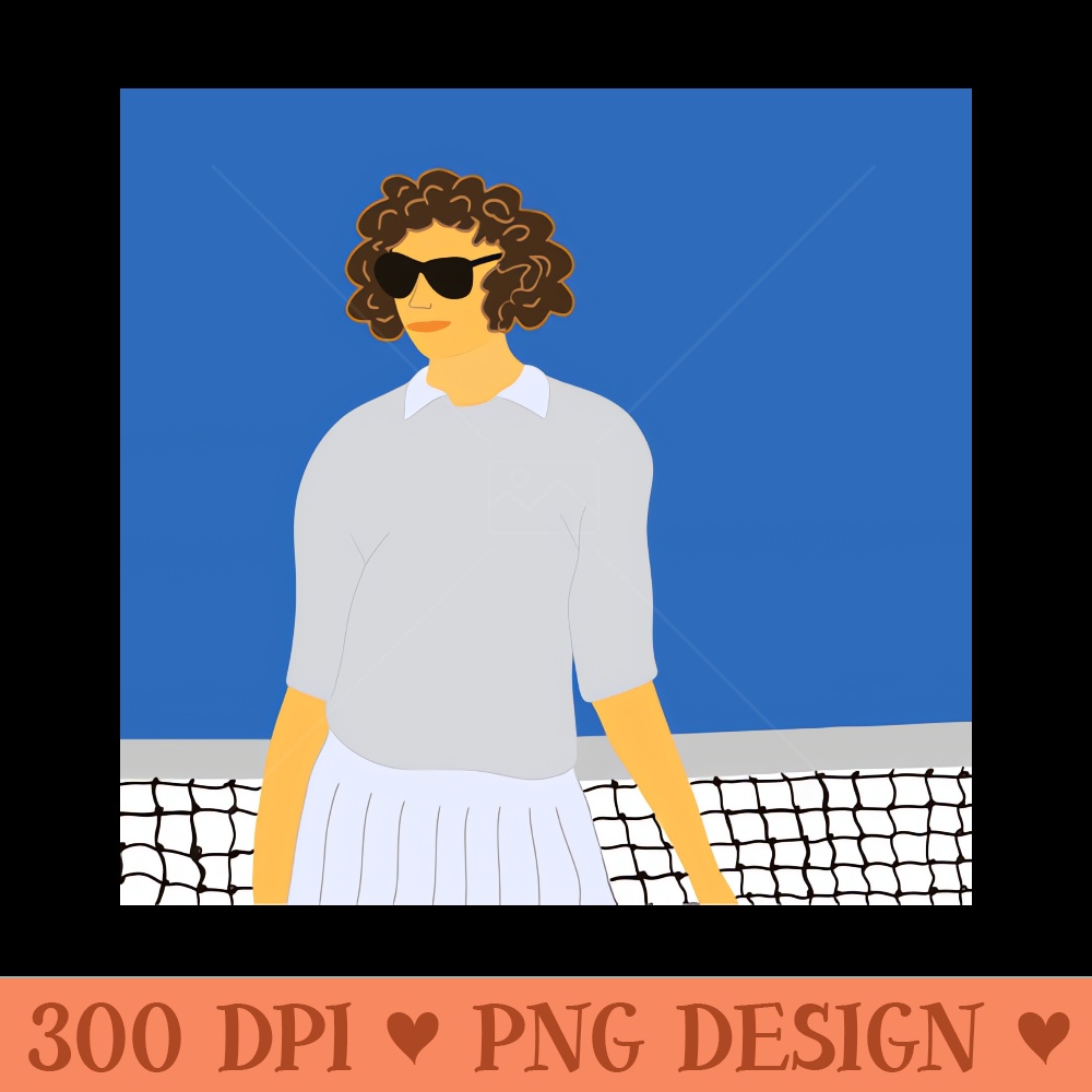 Illustration of a brown curly hair tennis player standing at the net - - Unique