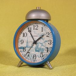 Vintage Desk Mini Alarm Clock Rocket Sailboat, Soviet Design Home Decor, Old Style Gift USSR 2