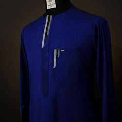 Hand-made African men's shirt with matching pant, Traditional men's suit, Blue senator's wear, quality men's shirt