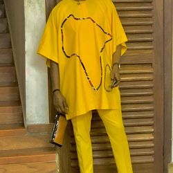 yellow 2piece stylish Agbada, African men's outfit, modern African men's styles, exclusive African men's clothing