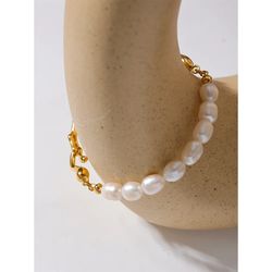 Luxury Natural Freshwater Pearls Stainless Steel 18k Gold Color Bracelet Bangle Temperament Fashion Jewelry Women