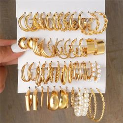 Boho Big Circle Hoop Earring Set for Women, Gold Color Bohemia Vintage Pearl Earring, Heart Zircon Ear Studs Jewelry