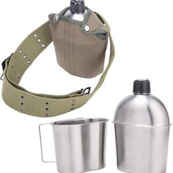 High Quality Stainless Steel Canteen Military with Cup and Green Nylon Cover Waist Belt for Camping Hiking (US Customers