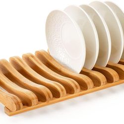 Bamboo Dish Drying Rack, 10 Slots Bamboo Cabinet Plate Stand Dish Drainer Wooden Plate Rack Pot Lid Holder(US customers)
