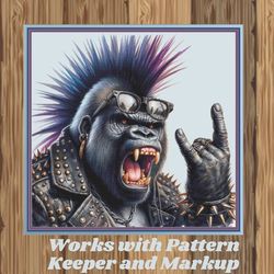 punk rock gorilla. large cross stitch. pdf download pattern/charts. dmc threads. needlework.