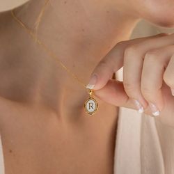 initial letter pendant necklace/ white oval enamel gold charm necklace/ birthday gift for her