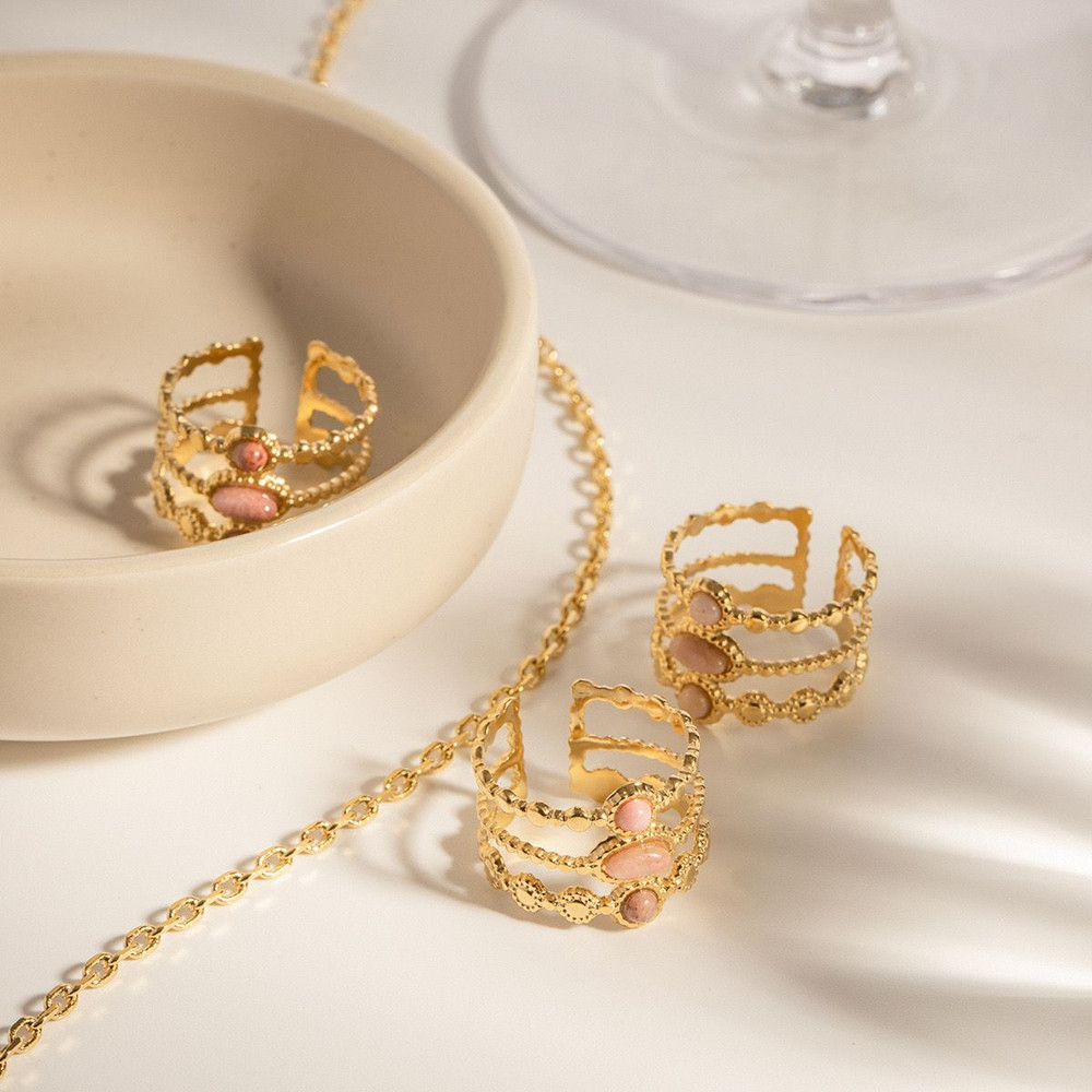 18ct Gold Plated Rhodochrosite Triple Band Adjustable Ring 2