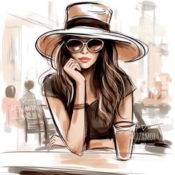 Fashion Illustration for COMMERCIAL USE, Fashion Clipart, Digital Illustration, Fashion Sketch, Girl in Cafe Drawing