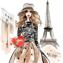 Fashion Illustration for COMMERCIAL USE, Fashion Wall Art Print, Watercolor Clipart, Eiffel Tower Paris Illustratration