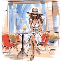 Fashion Illustration for COMMERCIAL USE, Fashion Clipart, Digital Art Illustration, Fashion Sketch, Girl in Cafe Drawing