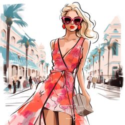 Girl in Monaco Fashion Illustration for COMMERCIAL USE, Fashion Sketch Digital Illustration, Commercial Use Clip Art