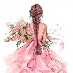 Pink Dress Girl with Flowers Fashion Illustration for COMMERCIAL USE, Fashion Sketch, Clipart, Fashion Wall Art Print