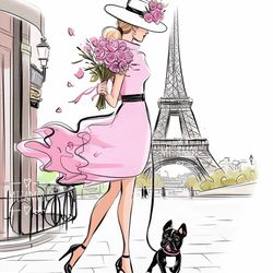 Pink Dress Girl with Flowers in Paris Fashion Illustration for COMMERCIAL USE, Fashion Wall Art Print Printable Clipart
