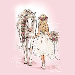 Bride with Pink Flowers Horse Fashion Illustration for COMMERCIAL USE, Commercial Art, Clipart, Fashion Wall Art Print