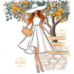 Girl with Oranges Fashion Illustration for COMMERCIAL USE, Fashion Sketch Clipart, Digital Illustration Fashion Wall Art