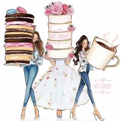 Girls with Sweets Fashion Illustration for COMMERCIAL USE, Fashion Clipart, Digital Illustration for Confectionery Cafe