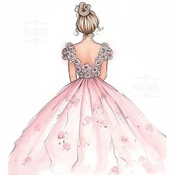 Bride in Pink Floral Dress Fashion Illustration for COMMERCIAL USE, Fashion Sketch, Clipart, Fashion Wall Art Printable