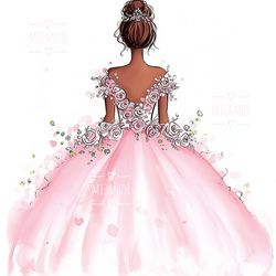 Bride in Pink Flowers Dress Fashion Illustration for COMMERCIAL USE, Fashion Sketch, Clipart, Fashion Wall Art Print
