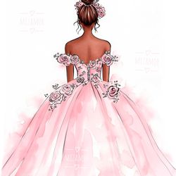 Bride in Pink Flowers Dress Fashion Illustration for COMMERCIAL USE, Fashion Drawing, Clipart, Fashion Wall Art Print