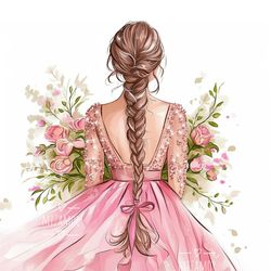 Bride in Pink Wedding Dress with Flowers Fashion Illustration for COMMERCIAL USE, Clipart, Fashion Wall Art Printable
