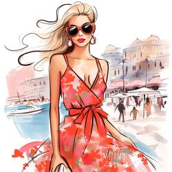 Cote d'Azur Fashionista Fashion Illustration for COMMERCIAL USE, Fashion Clipart, Digital Travel Illustration Sketch