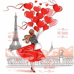 Girl with Balloons in Paris Fashion Illustration for COMMERCIAL USE, Clipart, Fashion Digital Drawing Wall Art Printable