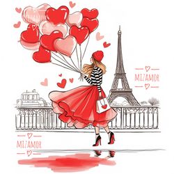 Girl with Balloons in Paris Fashion Illustration for COMMERCIAL USE, Fashion Clipart, Fashion Wall Art Print Printable