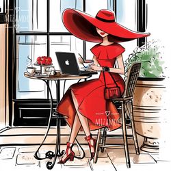 Lady in Red in Cafe Fashion Illustration for COMMERCIAL USE, Fashion Drawing, Digital Illustration, Fashion Art Print