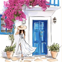 Girl in Mykonos Fashion Illustration for COMMERCIAL USE, Fashion Clipart, Travel Illustration, Fashion Wall Art Print