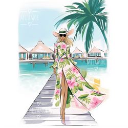 Girl in the Maldives Fashion Illustration for COMMERCIAL USE, Fashion Clipart, Travel Illustration, Fashion Art Print