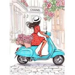 Girl on a Scooter with Flowers Fashion Illustration for COMMERCIAL USE, Fashion Clipart Fashion Wall Art Print Printable