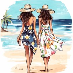 Girls on the Beach Fashion Illustration for COMMERCIAL USE, Fashion Drawing, Clipart, Fashion Wall Art Print Printable