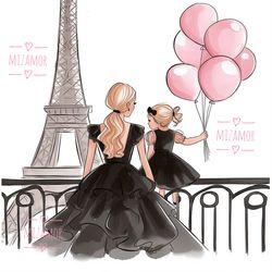 Mom and Daughter in Paris at the Eiffel Tower Fashion Illustration for COMMERCIAL USE, Clipart, Fashion Wall Art Print