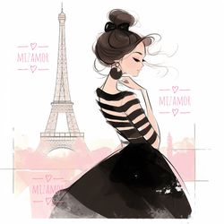Girl in Paris at the Eiffel Tower Fashion Illustration for COMMERCIAL USE, Fashion Sketch Clipart Fashion Wall Art Print