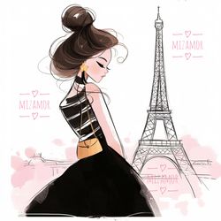 Girl in Paris Eiffel Tower Fashion Illustration for COMMERCIAL USE, Fashion Sketch, Clipart, Fashion Wall Art Printable