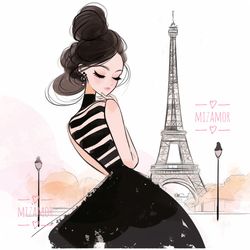 Girl in Paris Eiffel Tower Fashion Illustration for COMMERCIAL USE, Fashion Drawing, Clipart, Fashion Wall Art Printable