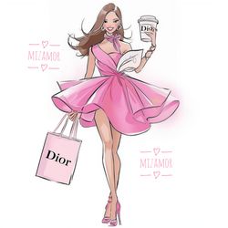 Dior Girl with Coffee Fashion Illustration for COMMERCIAL USE, Digital Illustration, Fashion Clipart, Fashion Wall Art