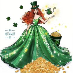 St Patrick's Day Girl with Gold Dress Fashion Illustration for COMMERCIAL USE, Fashion Sketch, Clipart, Fashion Wall Art