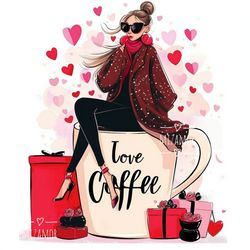 I Love Coffee Girl on a Coffee Mug Fashion Illustration for COMMERCIAL USE, Fashion Drawing, Fashion Wall Art Printable