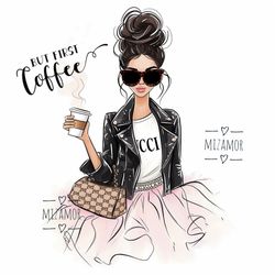 But First Coffee Fashion Illustration for COMMERCIAL USE, Fashion Sketch, Fashion Clipart, Fashion Wall Art Printable