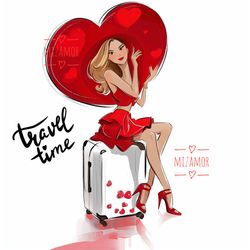 Travel Time Girl in Red Dress with a Suitcase Fashion Illustration for COMMERCIAL USE, Clipart, Fashion Travel Art Print