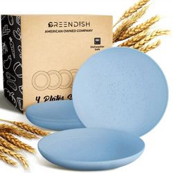 Set of 4 Wheat Straw Plates - Reusable Unbreakable Wheatstraw Plastic Dishes Dinner Plates , Color:Blue