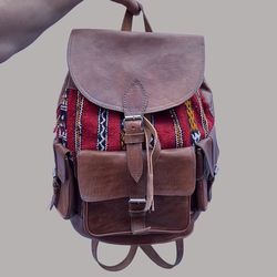 Moroccan leather backpack with kilim boho pattern, brown unisex leather handbag vintage style backpack travling