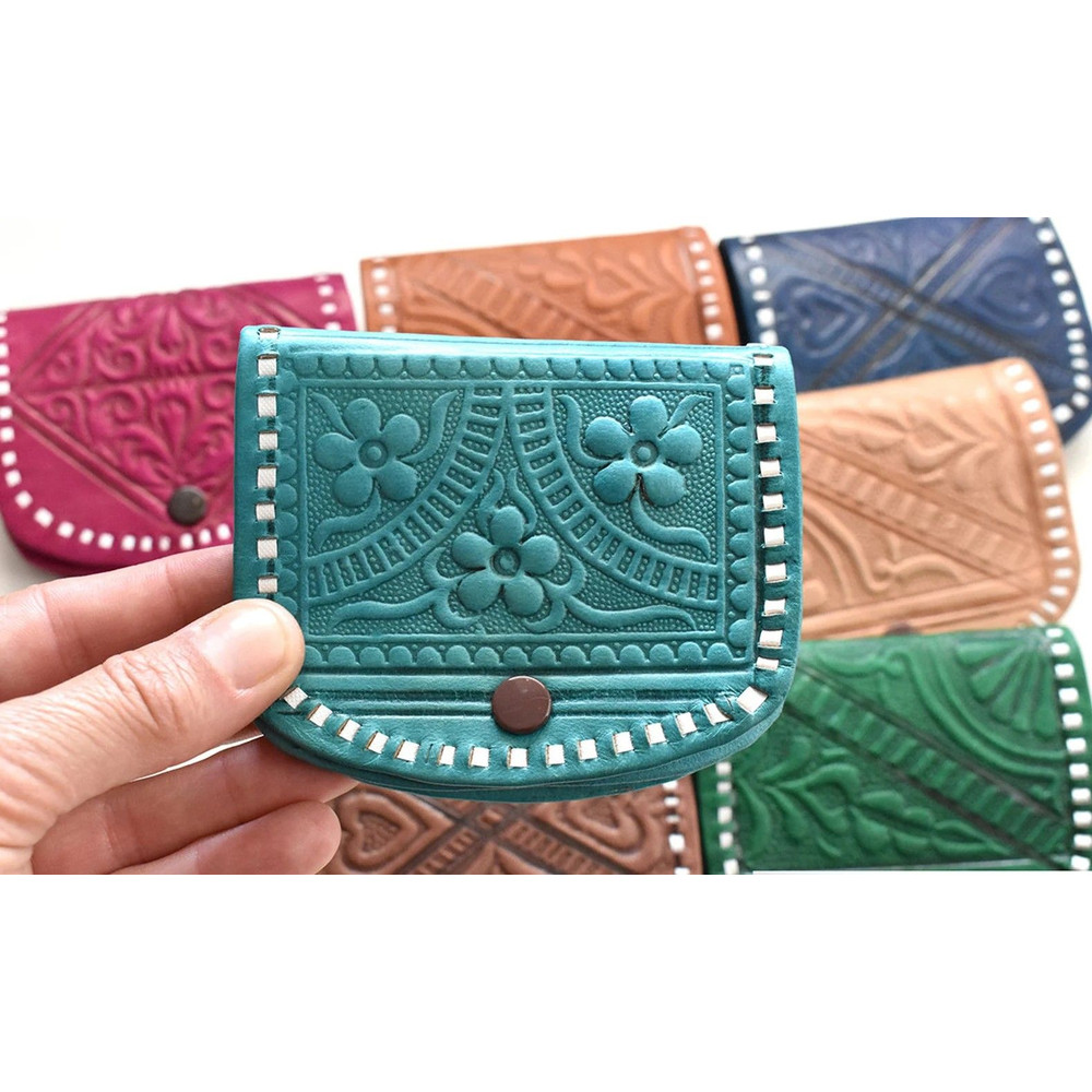 Portefeuille En Cuir Fait Main Fait Main Au Maroc Motif Fleurs Differentes Couleurs 0